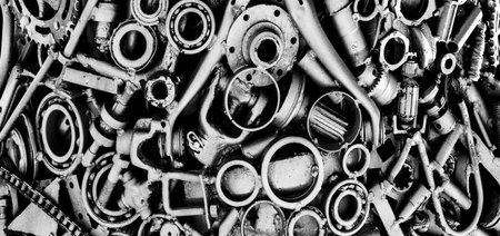 A grayscale closeup shot of various metal partsの写真素材