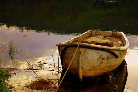 A weathered rusty and old abandoned boat on the lake in the park
