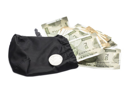 The some Indian cash money in a small black bag on the white background