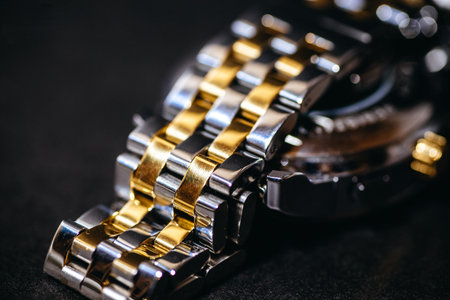 A closeup shot of a luxurious and precious silver wristwatch on a black surfaceの写真素材