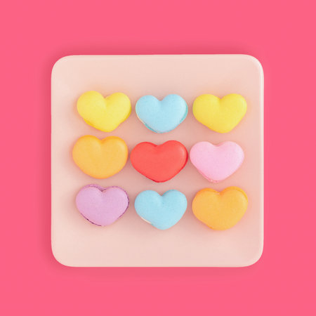 A top view of colorful heart-shaped macarons on a plate on a pink surfaceの写真素材