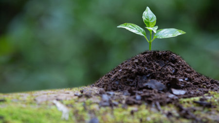 A closeup of green sprout growing out from the soil