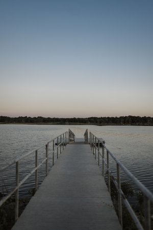 A vertical shot of a wooden deck in the lak