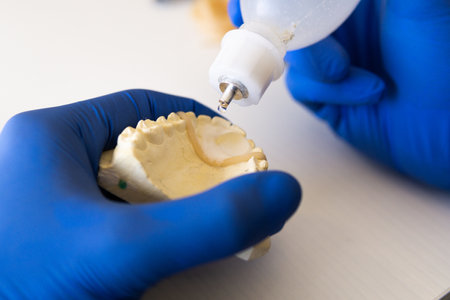 A closeup shot of the hands of a dentist working on prosthetic teethの写真素材