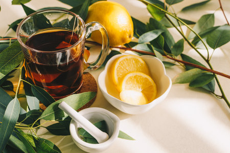 A closeup of a cup of tea with lemon slices and eucalyptus leaves on the tableの写真素材