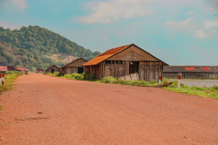 A beautiful view of several wooden barns in the countryside