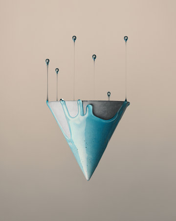 A vertical shot of a geometric concrete shape falling through oil isolated on pink backgroundの写真素材