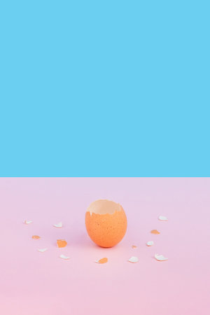 A vertical shot of an empty eggshell against a pink and blue backgroundの写真素材