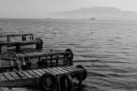 A grayscale shot of wooden piers with tires on the riverの写真素材