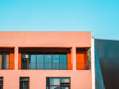 A modern building facade under blue skyの写真素材
