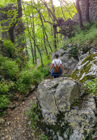An adult female hiking through a forest under the sunlightの写真素材