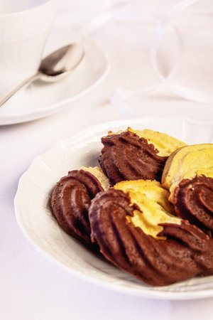 A closeup of vanilla and spiced chocolate cookies on a plateの写真素材