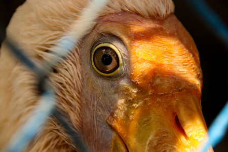 A closeup shot of a macaw bird head and eye on a blurred background