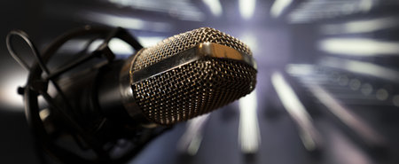 A wide-angle view of a microphone with a pedestal at a party atmosphere with colorful light backgroundの写真素材