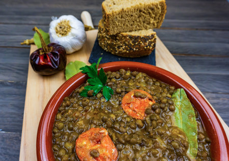 plate of lentils with typical Spanish chorizoの写真素材