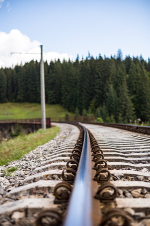 A closeup of the metallic rails of the railroad bridge surrounded by greens and treesの写真素材