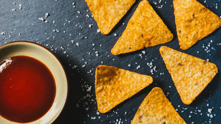 A top view of triangle-shaped crunchy tortilla chips appetizer with salt and ketchup sauce arranged on a tableの写真素材