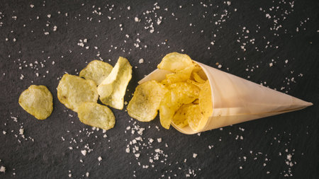 A top view of fried crunchy potato chips with salt spilling out of paper cone on a table surfaceの写真素材