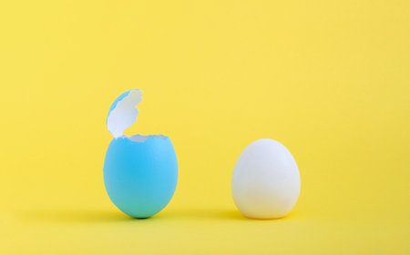 A boiled egg and a blue eggshell isolated on a yellow background