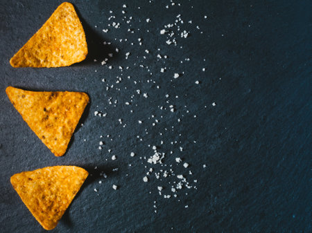 A top view of triangle-shaped crunchy tortilla chips appetizer with salt arranged on a tableの写真素材