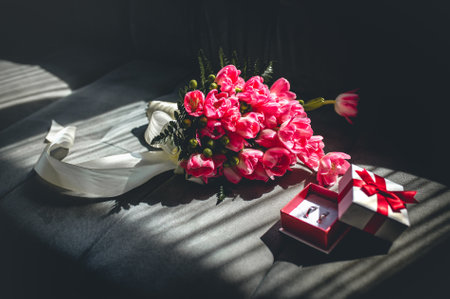 A closeup of wedding rings and the bride's bouquet under the sunlightの写真素材