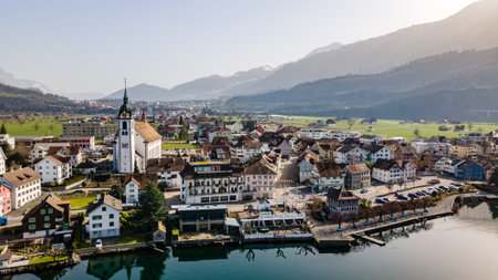 A high angle shot of the small village, Arth in Switzerland by lake Zug during the daytimeの写真素材