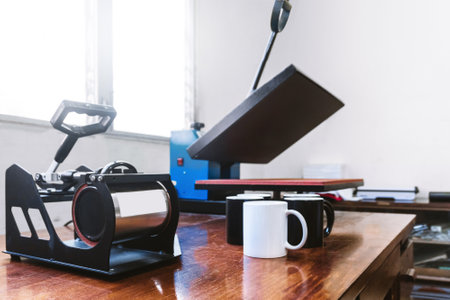 the printing machines and black-white cups isolated on the wooden tableの写真素材