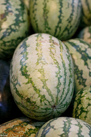 A vertical closeup shot of watermelon at a marketの写真素材