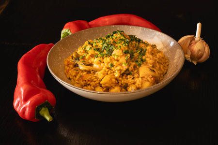 A bowl of delicious rice with cuttlefish and prawns on a wooden table with peppers and garlicの写真素材