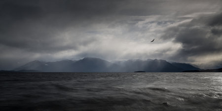 The cloudy Lake Te Anau, New Zealandの写真素材