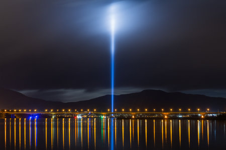 The Ryoji Ikeda's Spectra illuminating the sky above Hobart's Bowen Bridge in Hobart, Tasmaniaの写真素材