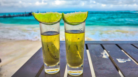 A closeup of two glasses of Tequila topped with freshly sliced limes on a wooden table in Mexicoの写真素材