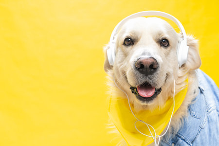 A funny white golden retriever dressed in denim jacket and helmets, sometimes listening to musicの写真素材