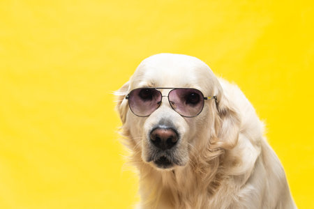 A white golden retriever posing in studio with street clothes and glasses, musical artist lookの写真素材