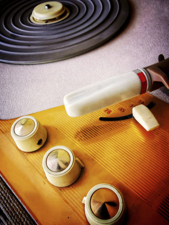 A vertical shot of a colorful vintage turntableの写真素材