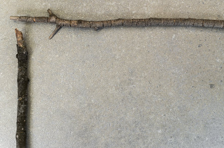 A top view of twigs laid out on the top and left side of the asphalt background with copy space