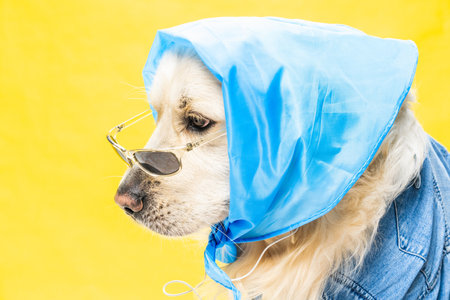 A studio shots with copy space and funny white golden retriever dressed in bandana and glasses like an old ladyの写真素材
