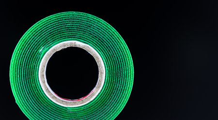 A green double-sided adhesive tape isolated on a black backgroundの写真素材