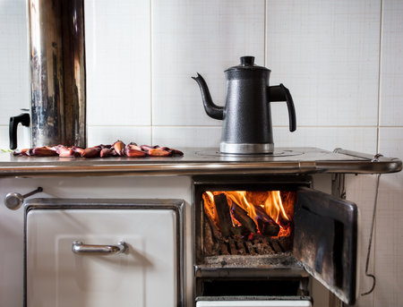Some pine nuts on a wood stove in an old kitchenの写真素材