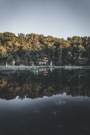 A beautiful view of a lake with the reflection of surrounding treesの写真素材