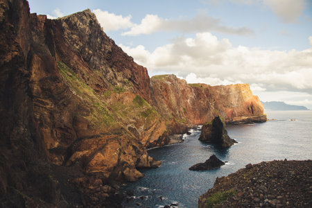 A beautiful view of a hiking path on Ponta de Sao Lourenco, Canical, Madeira, Portugalの写真素材
