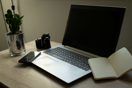 A laptop, an open notebook, a cellphone, and a plant on an office tableの写真素材