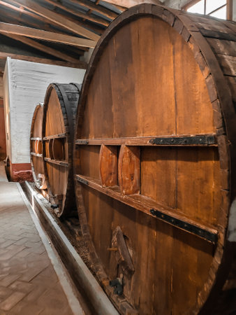 A vertical shot of big wine barrels in a wineryの写真素材
