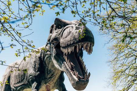 Close-up image of mean looking dinosaur in amusement dino park at Arboretum volcji potok near Radomlje in Slovenia.の写真素材