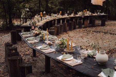 A beautifully designed wedding table in the forestの写真素材