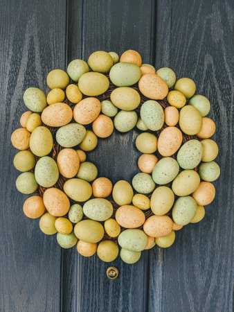 A beautiful wreath composed of colorful Easter eggs on the wooden surfaceの写真素材