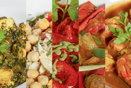 A collage of a colorful variety of Indian foodの写真素材