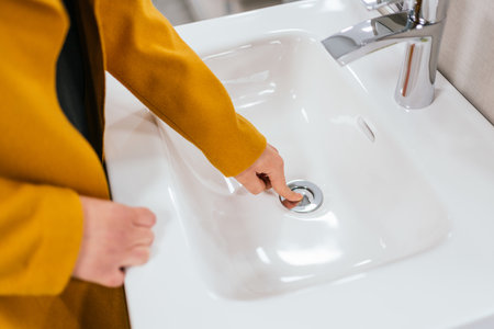 A high angle shot of a female hand pushing lavatory drain