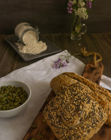 fresh bread made from different types of seeds and floursの写真素材