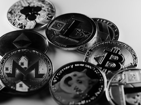 A grayscale shot of bitcoins